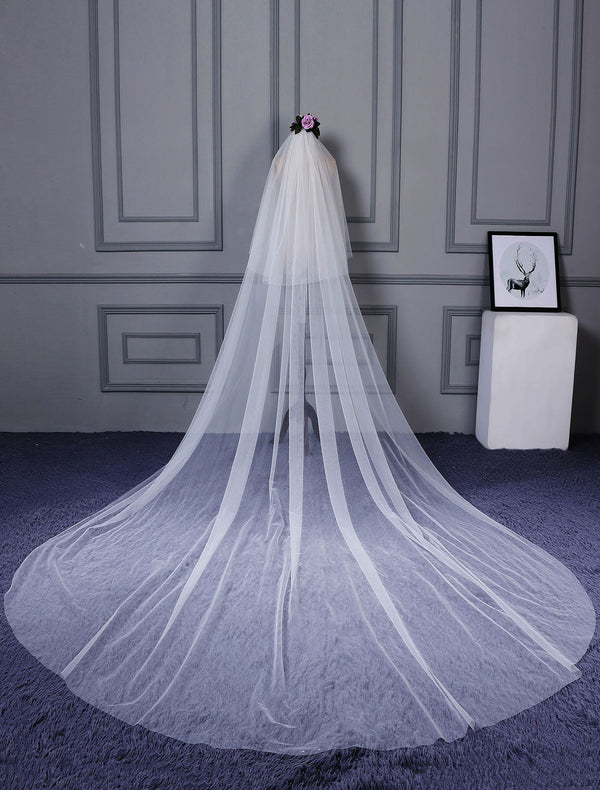 Ivory Cut Edge One Tier Waterfall Cathedral Wedding Veil For Brides-stylesnuggle