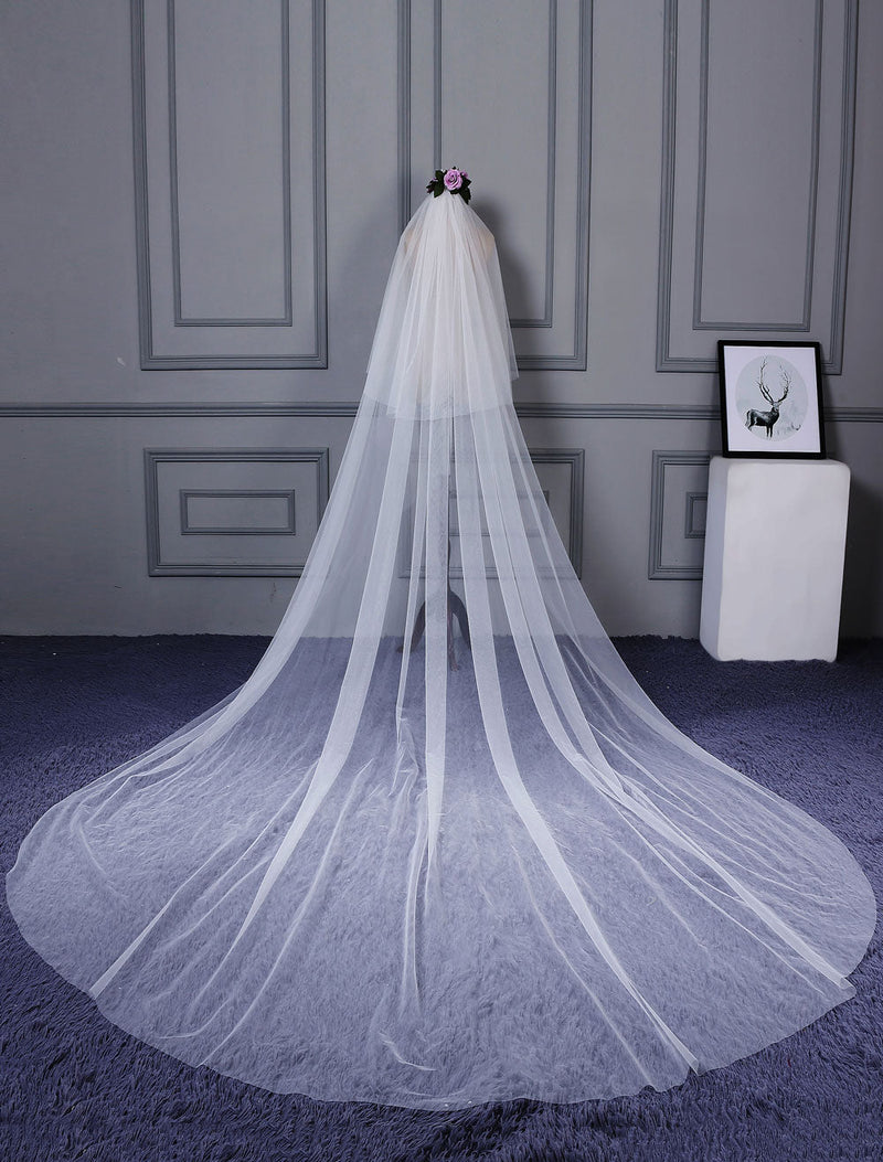 Ivory Cut Edge One Tier Waterfall Cathedral Wedding Veil For Brides-stylesnuggle