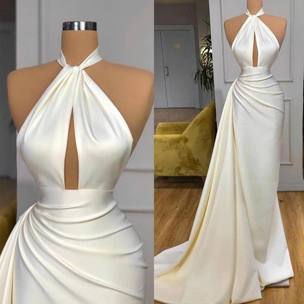 Ivory Halter Long Evening Prom Dress With Split Detachable Train-stylesnuggle