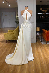 Ivory Halter Long Evening Prom Dress With Split Detachable Train-stylesnuggle