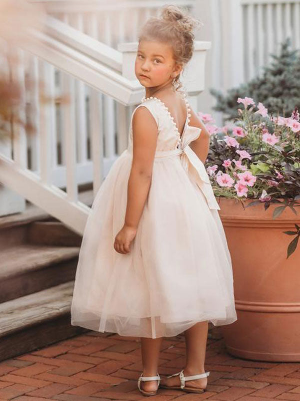 Ivory flower girl dresses Jewel Neck Polyester Sleeveless Ankle-Length Princess Silhouette Butterfly Formal Kids Pageant Dresses