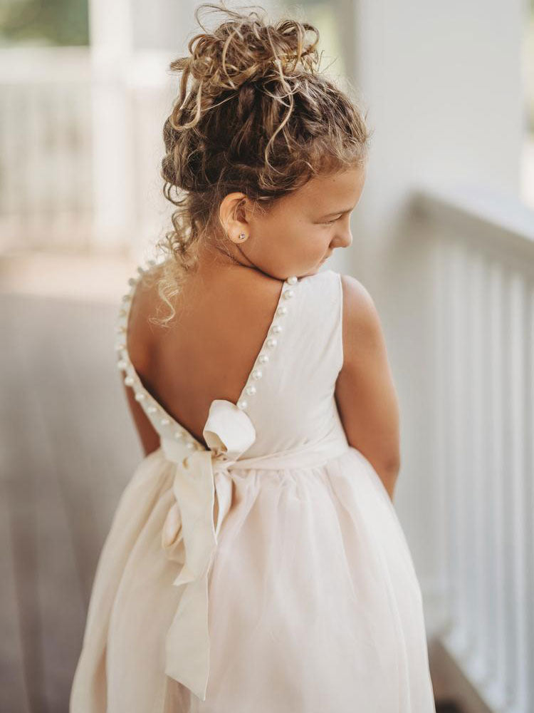 Ivory flower girl dresses Jewel Neck Polyester Sleeveless Ankle-Length Princess Silhouette Butterfly Formal Kids Pageant Dresses