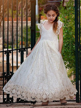 Ivory flower girl dresses Jewel Neck Lace Short Sleeves Floor-Length A-Line Lace Kids Social Party Dresses