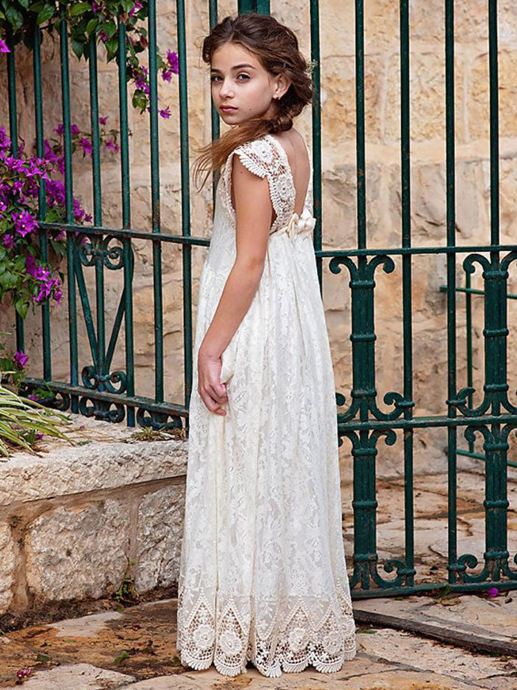 Ivory flower girl dresses Jewel Neck Lace Short Sleeves Floor-Length A-Line Lace Kids Social Party Dresses