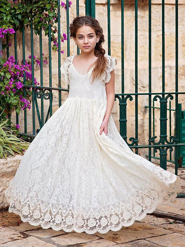 Ivory flower girl dresses Jewel Neck Lace Short Sleeves Floor-Length A-Line Lace Kids Social Party Dresses