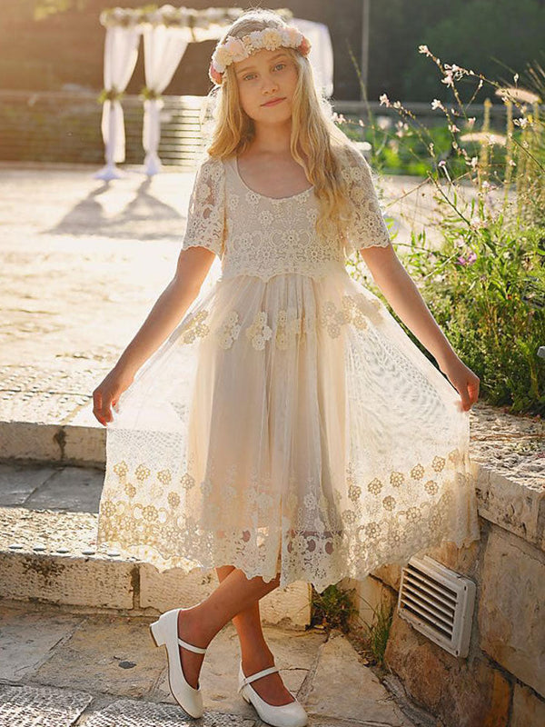 Ivory flower girl dresses Jewel Neck Short Sleeves Lace Formal Kids Pageant Dresses