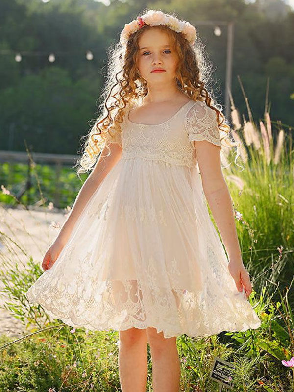 Ivory flower girl dresses Jewel Neck Short Sleeves Lace Formal Kids Pageant Dresses