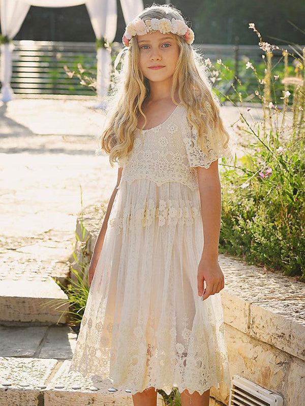 Ivory flower girl dresses Jewel Neck Short Sleeves Lace Formal Kids Pageant Dresses