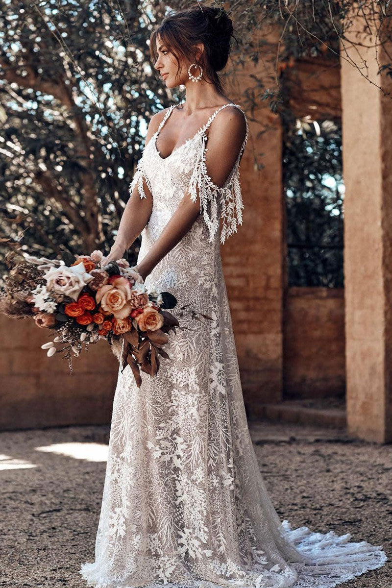 Ivory Lace Sexy Backless Wedding Dress With Train A-Line Sleeveless Chic V-Neck Bridal Gowns-Dbrbridal