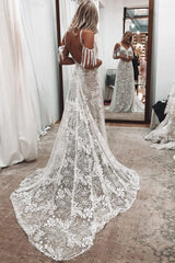 Ivory Lace Sexy Backless Wedding Dress With Train A-Line Sleeveless Chic V-Neck Bridal Gowns-Dbrbridal