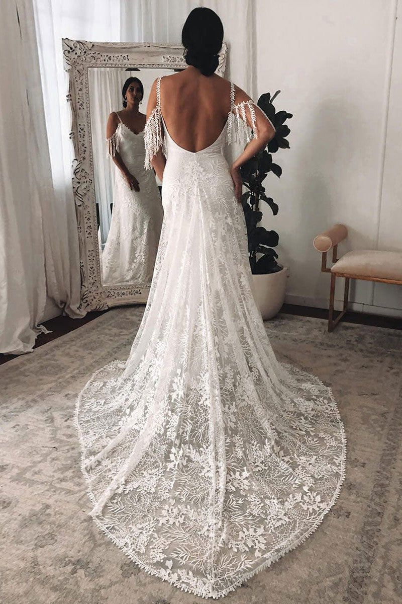 Ivory Lace Sexy Backless Wedding Dress With Train A-Line Sleeveless Chic V-Neck Bridal Gowns-Dbrbridal