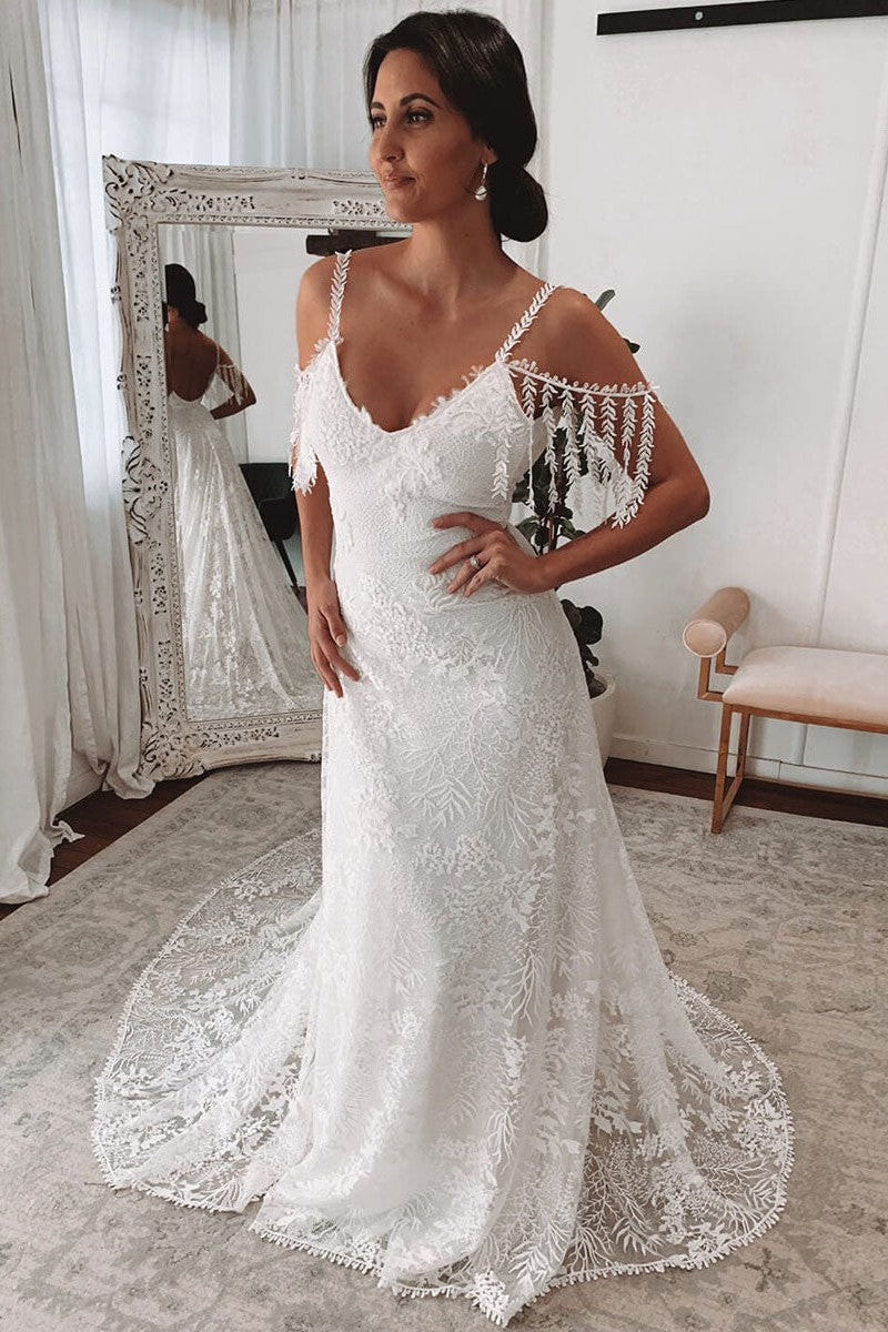 Ivory Lace Sexy Backless Wedding Dress With Train A-Line Sleeveless Chic V-Neck Bridal Gowns-Dbrbridal