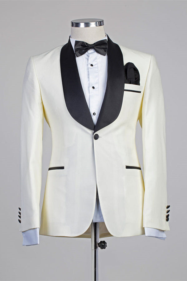 Discover the very best Ivory One Button Simple Slim Fit Wedding Suits with Black Lapel for work,prom and wedding occasions at stylesnuggle. Custom made Off White Shawl Lapel mens suits with high quality.