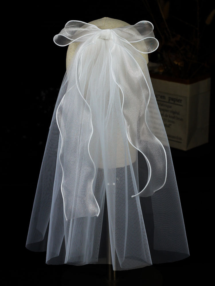 Ivory One Tier Bows Tulle Cut Edge Drop Wedding Veils-stylesnuggle