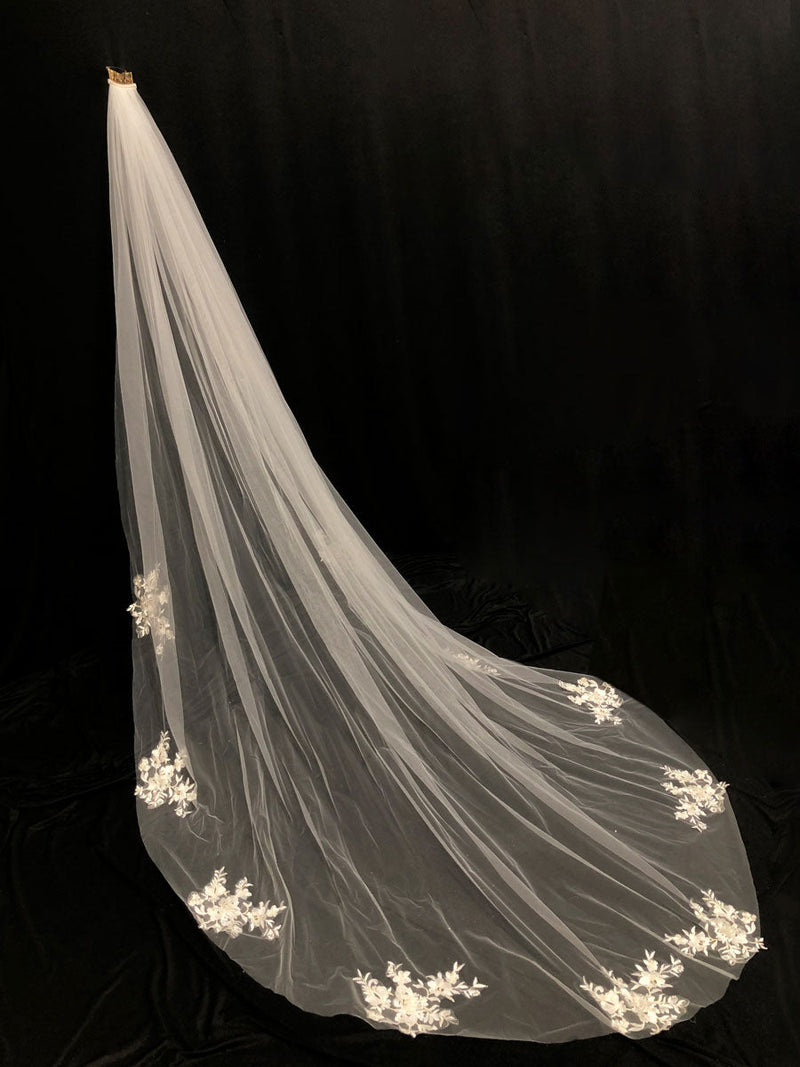 Ivory One-Tier Lace Tulle Finished Edge Waterfall Wedding Veils-stylesnuggle