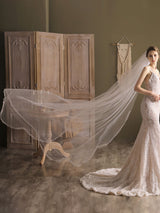 Ivory One-Tier Tulle Finished Edge Waterfall Long Wedding Veils-stylesnuggle