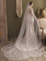 Ivory One-Tier Tulle Finished Edge Waterfall Long Wedding Veils-stylesnuggle