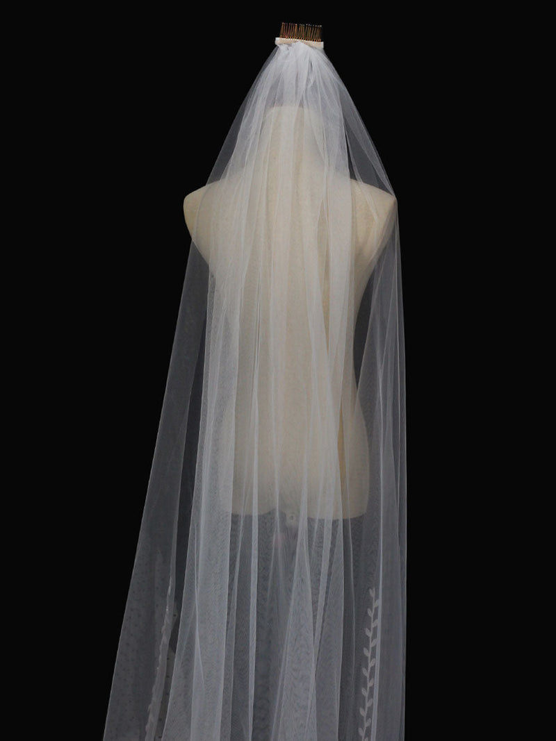 Ivory One-Tier Tulle Finished Edge Waterfall Long Wedding Veils-stylesnuggle