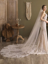 Ivory One-Tier Tulle Lace Applique Edge Waterfall Long Wedding Veil-stylesnuggle