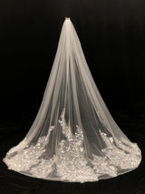 Ivory One-Tier Tulle Lace Applique Edge Waterfall Long Wedding Veil-stylesnuggle