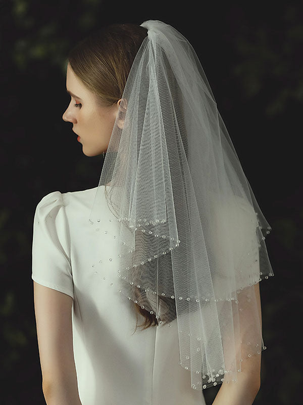 Ivory Two Tier Beaded Tulle Finished Edge Drop Bridal Veils-stylesnuggle