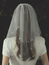 Ivory Two Tier Bows Tulle Finished Edge Drop Wedding Veils-stylesnuggle