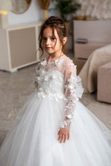 Jewel Long Sleeve Ball Gown Backless Lace Applique Bowknot Flower Girl Dress-stylesnuggle