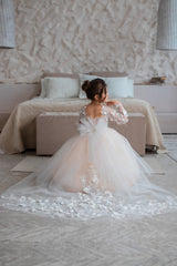 Jewel Long Sleeve Ball Gown Backless Lace Applique Bowknot Flower Girl Dress-stylesnuggle