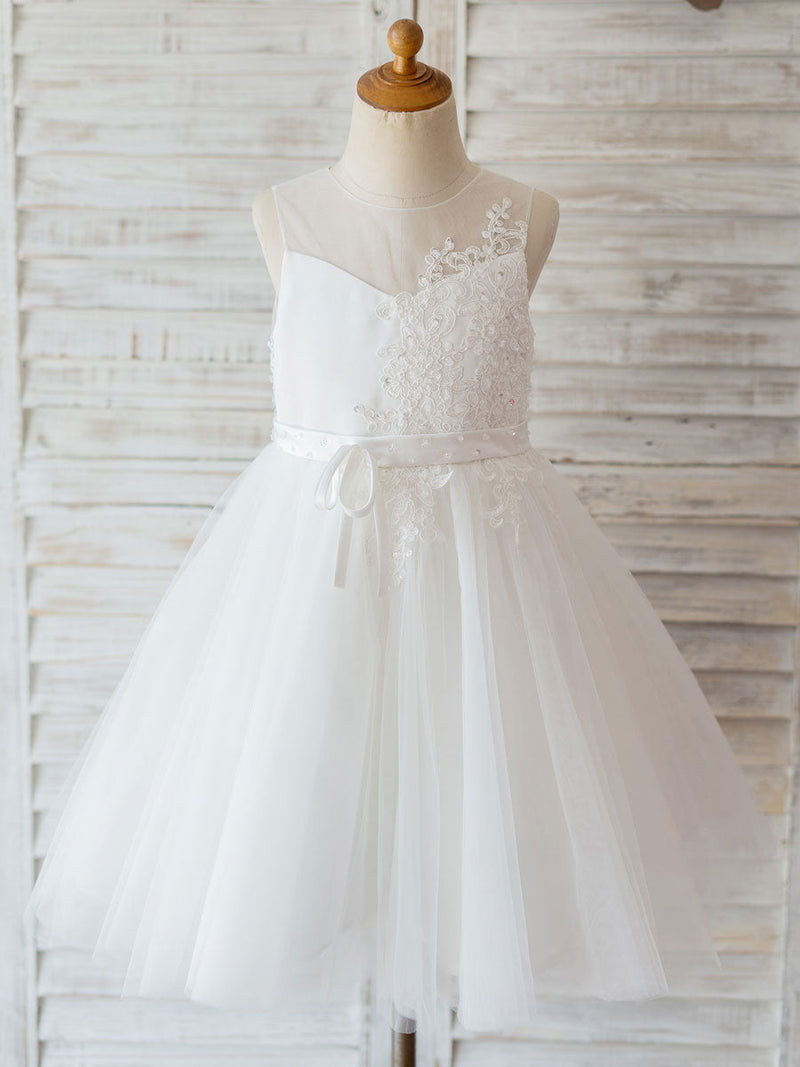 flower girl dresses Jewel Neck Lace Sleeveless Knee-Length Princess Silhouette Beaded Kids Social Party Dresses