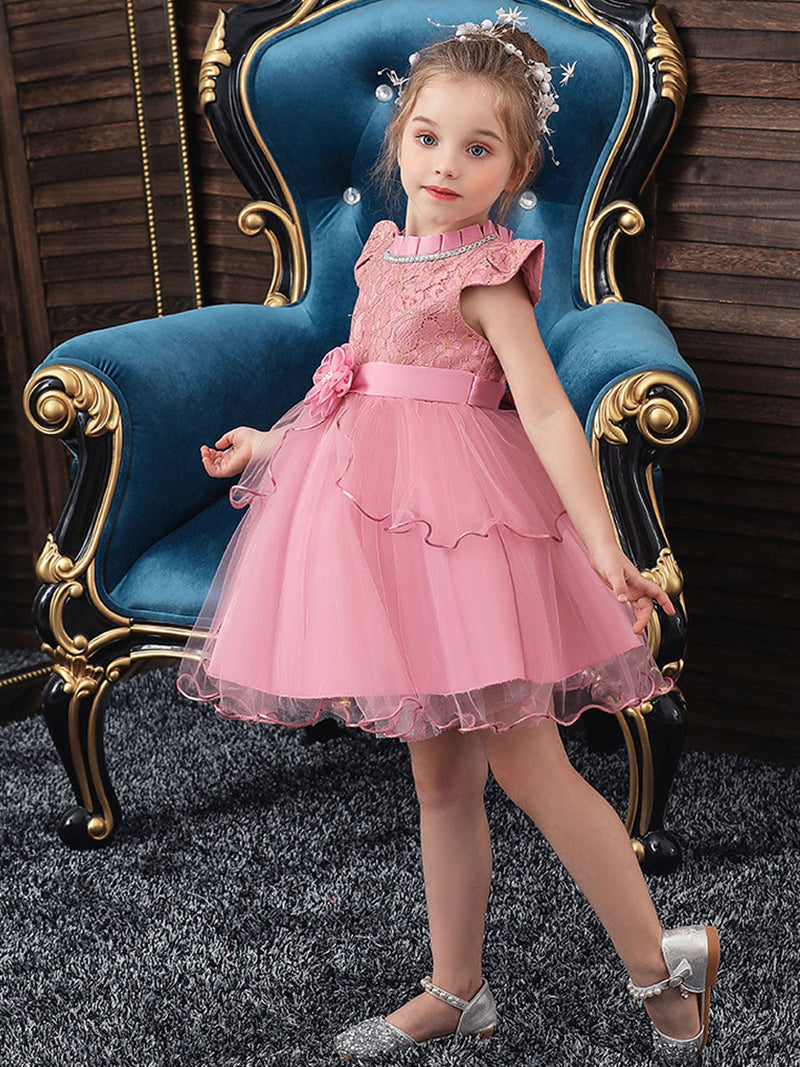 flower girl dresses Jewel Neck Polyester Cotton Sleeveless Knee Length Princess Silhouette Beaded Kids Party Dresses