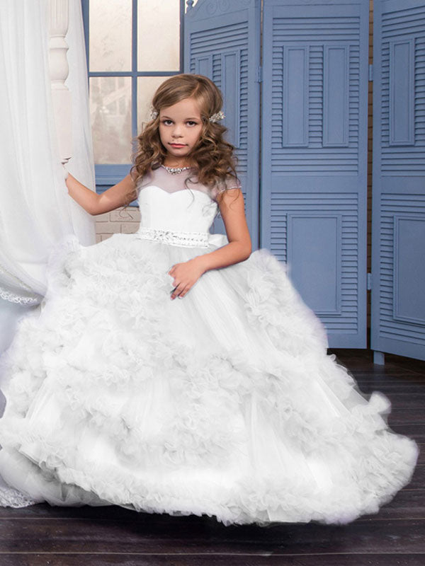 flower girl dresses Jewel Neck Short Sleeves Rhinestones Kids Pageant Dresses