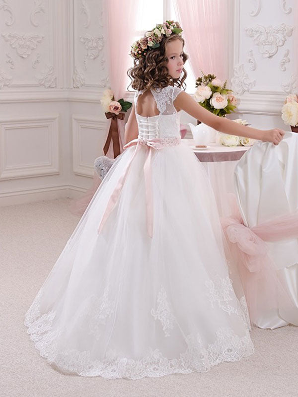 flower girl dresses Jewel Neck Short Sleeves Sash Kids Princess Dresses