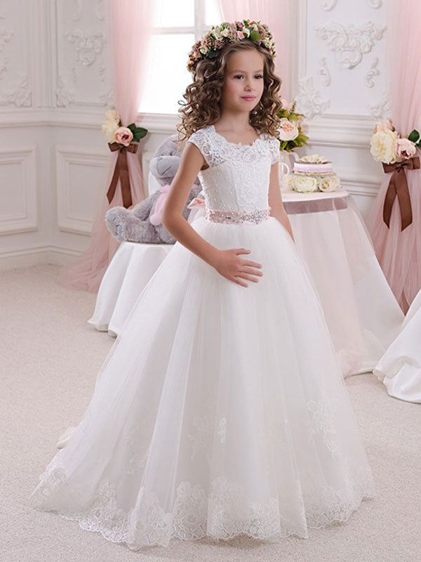 flower girl dresses Jewel Neck Short Sleeves Sash Kids Princess Dresses