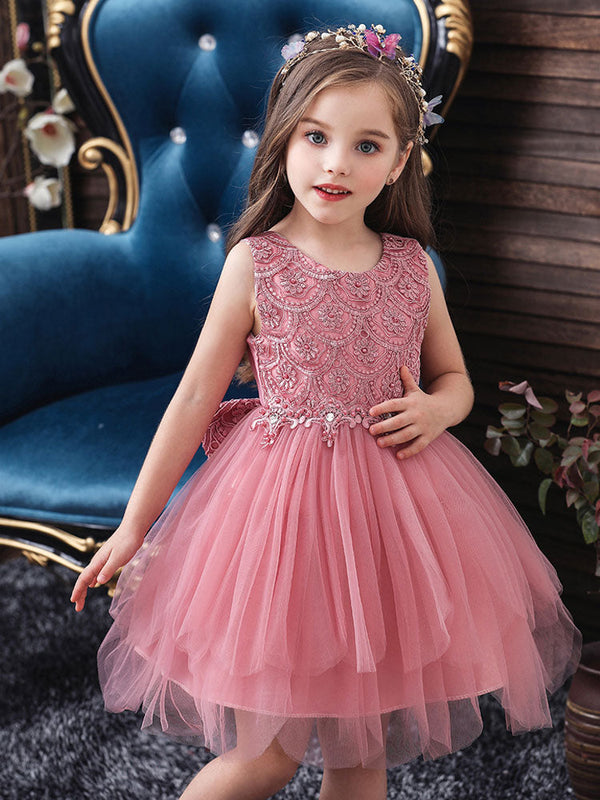 flower girl dresses Jewel Neck Sleeveless Bows Formal Kids Pageant Dresses