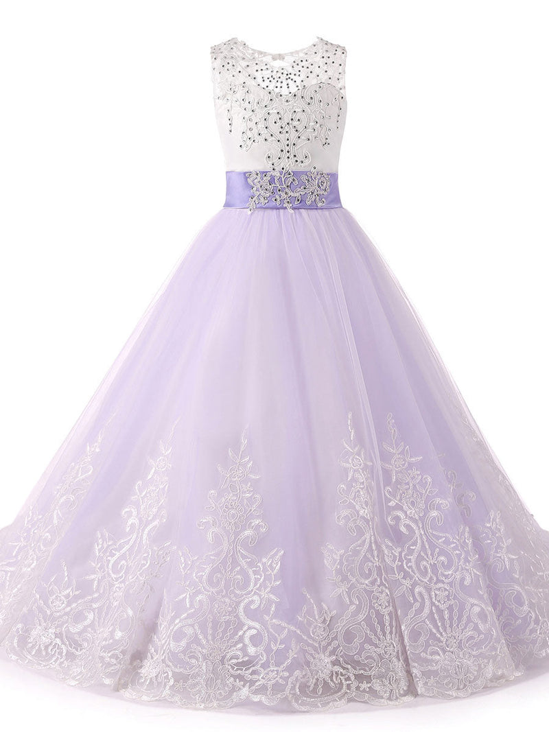 flower girl dresses Jewel Neck Sleeveless Studded Formal Kids Pageant Dresses