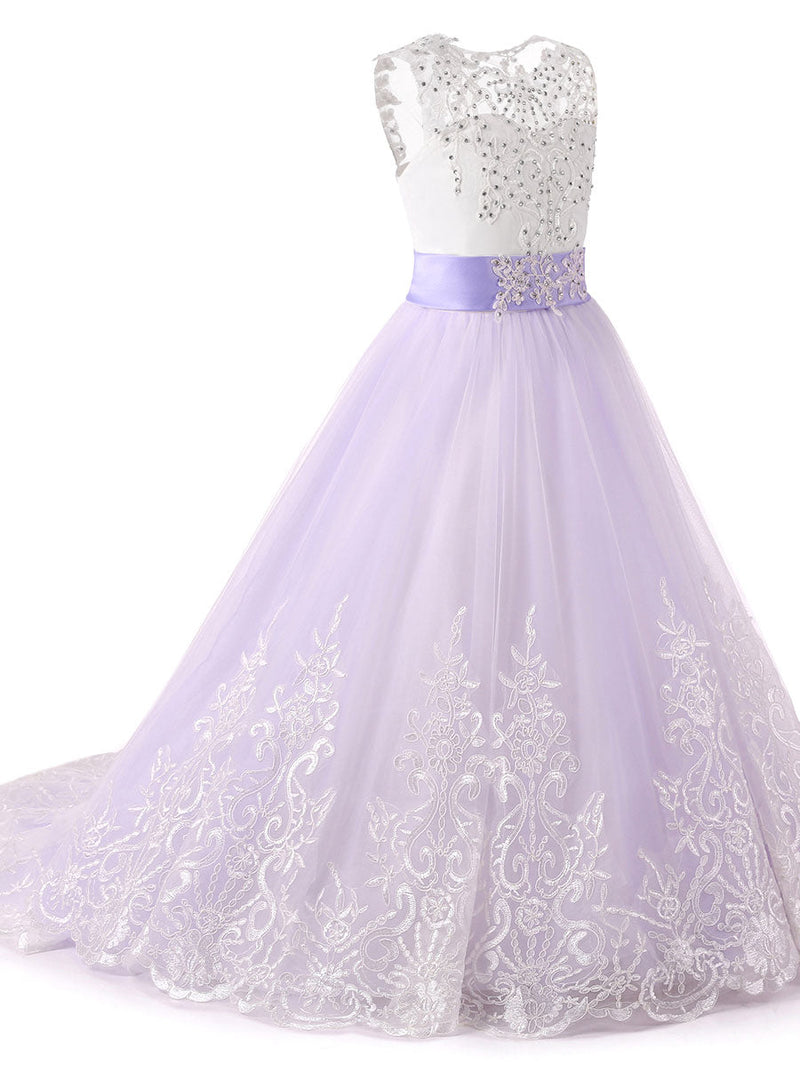 flower girl dresses Jewel Neck Sleeveless Studded Formal Kids Pageant Dresses