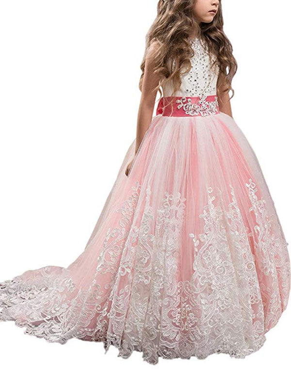 flower girl dresses Jewel Neck Sleeveless Studded Formal Kids Pageant Dresses