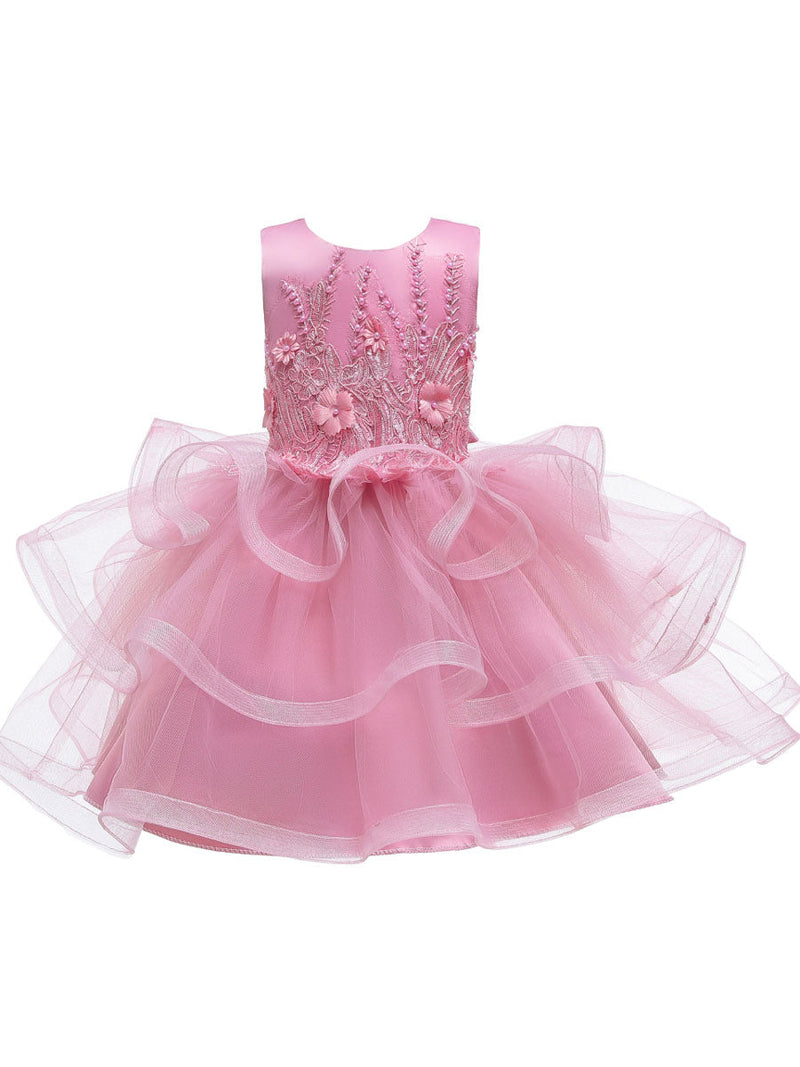 flower girl dresses Jewel Neck Tulle Sleeveless Knee Length Princess Silhouette Beaded Kids Party Dresses