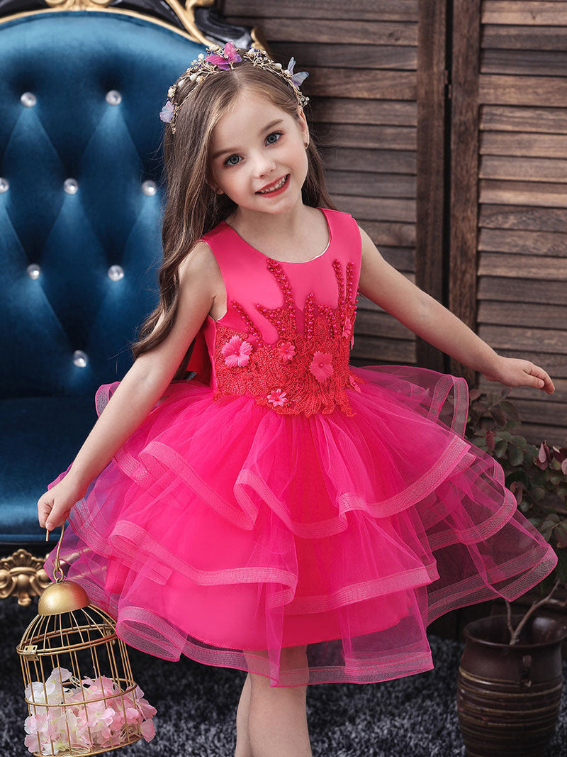 flower girl dresses Jewel Neck Tulle Sleeveless Knee Length Princess Silhouette Beaded Kids Party Dresses