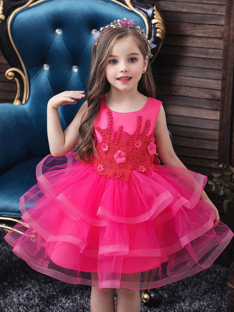 flower girl dresses Jewel Neck Tulle Sleeveless Knee Length Princess Silhouette Beaded Kids Party Dresses