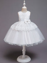 flower girl dresses Jewel Neck Tulle Sleeveless Knee Length Princess Silhouette Bows Formal Kids Pageant Dresses