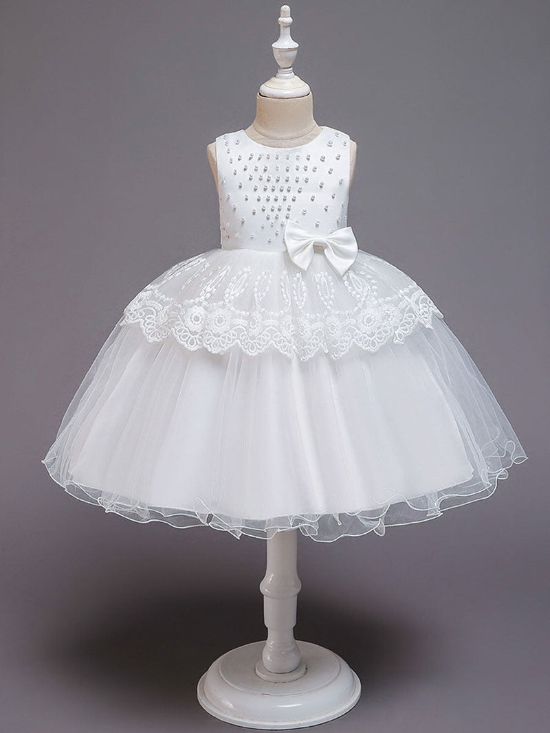 flower girl dresses Jewel Neck Tulle Sleeveless Knee Length Princess Silhouette Bows Formal Kids Pageant Dresses