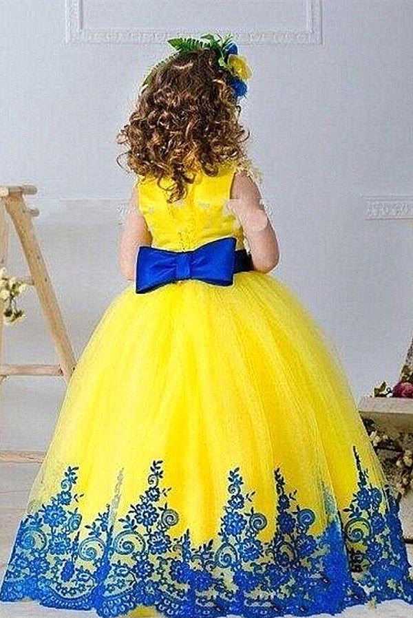 Jewel Sleeveless Ball Gown Lace Applique Bowknot Flower Girl Dress-stylesnuggle