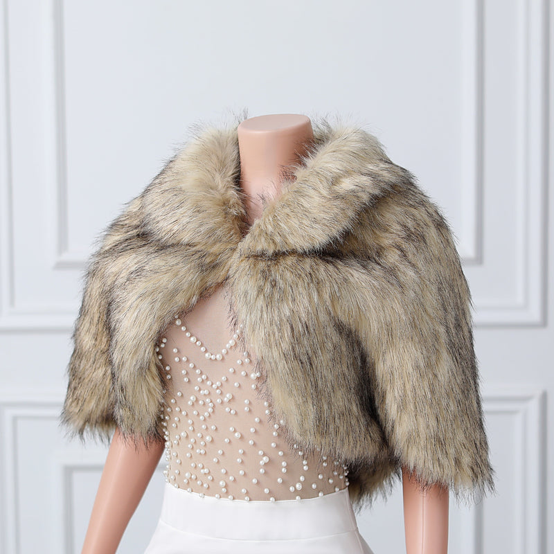 Khaki Butterfly Sleeve Lapel Collar Faux Fur Winter Wedding Wraps-stylesnuggle