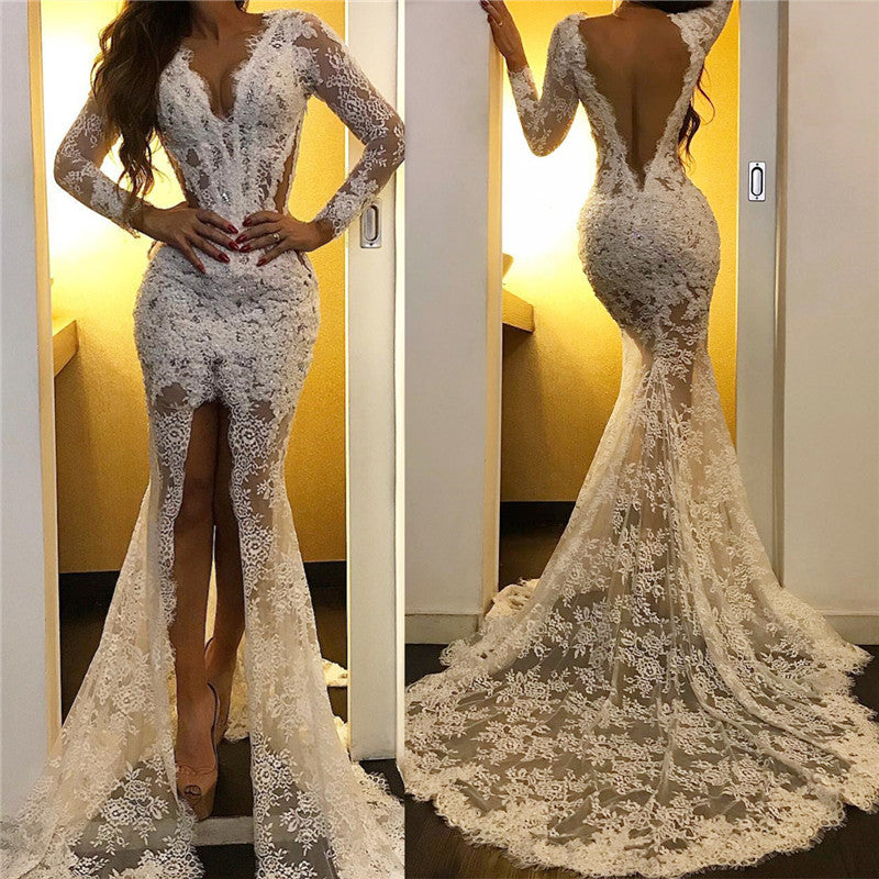 Customizing this New Arrival Lace Appliques Chic White Evening Dresses Long Sleeves Prom Dresses with Slit on stylesnuggle. We offer extra coupons,  make Prom Dresses, Evening Dresses in cheap and affordable price. We provide worldwide shipping and will make the dress perfect for everyone.