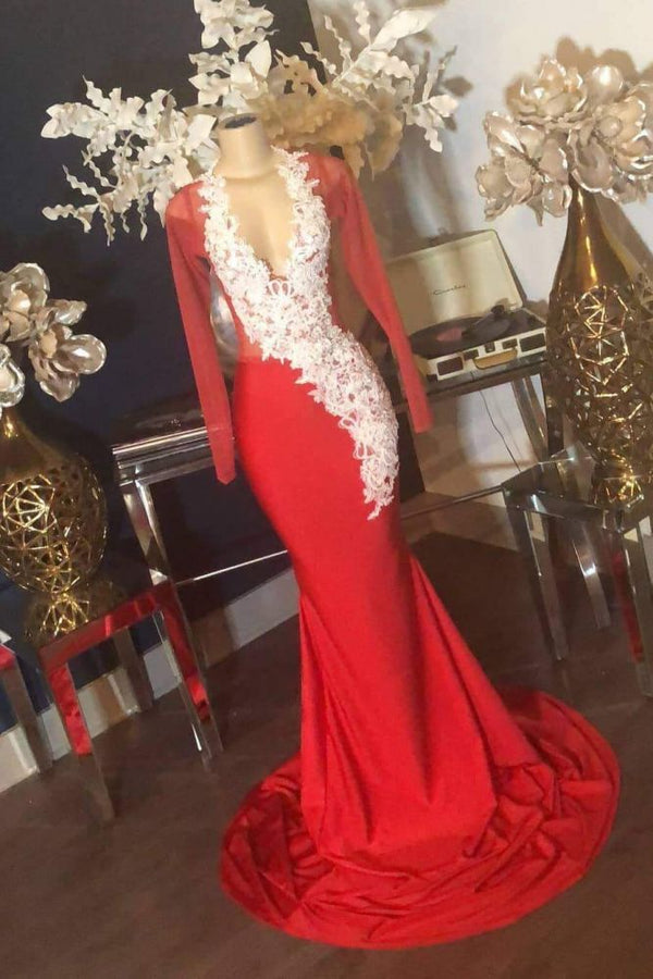 Looking for Prom Dresses, Evening Dresses, Real Model Series in Stretch Satin,  Mermaid style,  and Gorgeous work? stylesnuggle has all covered on this elegant Lace Appliques Long Sleevess Illusion Neckline Red Mermaid Prom Dresses.