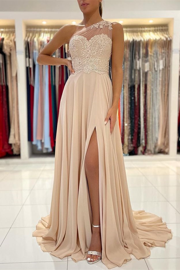 Lace Appliques Sleeveless One-Shoulder Prom Dress-stylesnuggle