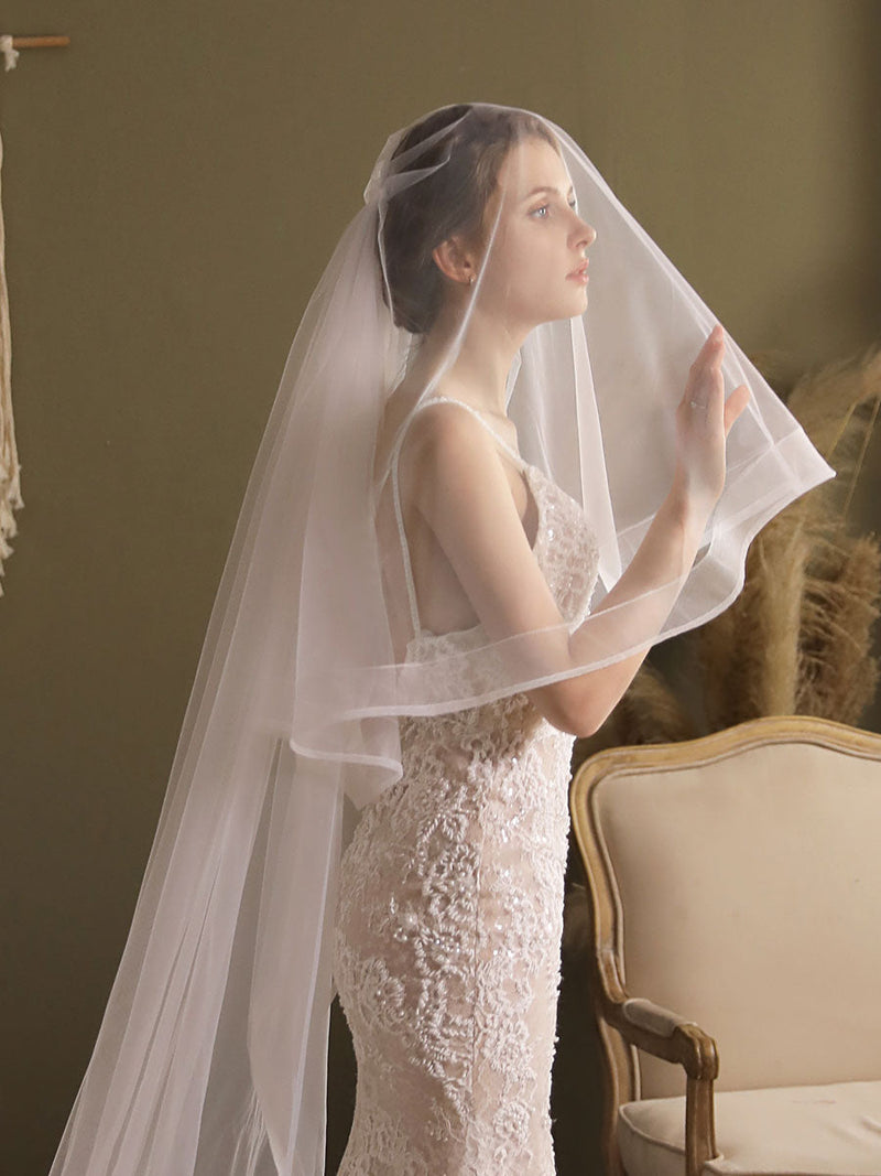 Lace One-Tier Tulle Veils Applique Waterfall Wedding Veils-stylesnuggle