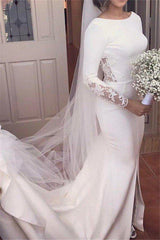 Lace Satin Long Sleevess Mermaid Scoop Court Train Wedding Dresses-stylesnuggle