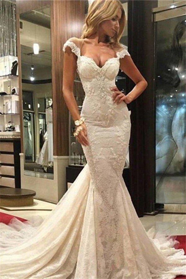 Lace Sleeveless Sweep Train Mermaid V neck Wedding Dresses-stylesnuggle